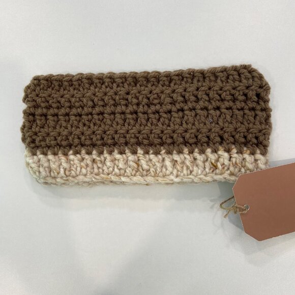 Handcrafted Crochet Brown & Cream Headband With Burlap Flower Accent - Picture 4 of 7
